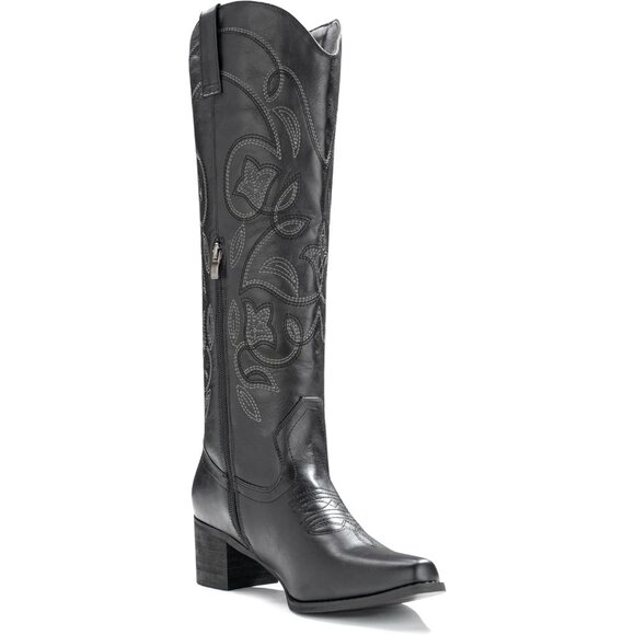 Women's Black 1 Pointy Toe Faux Leather Western Cowgirl Mid Calf Boots - Picture 4 of 6